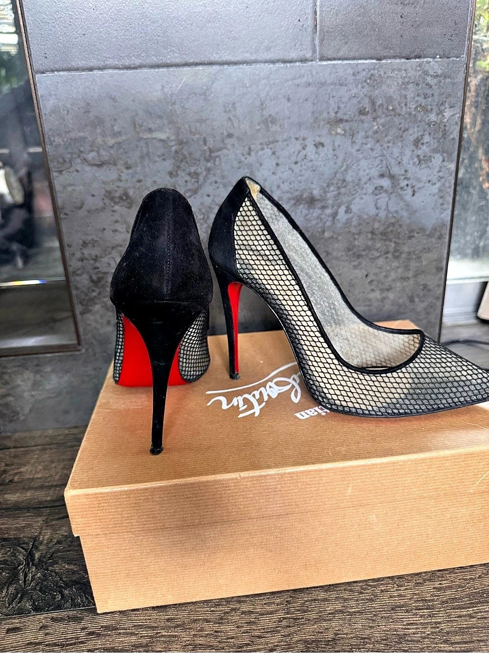 Christian Louboutin Follies Resille 100 Suede-Trimmed Mesh Pumps Fishnet Heels